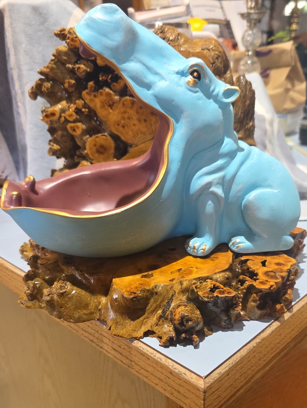 Source Unknown Light Blue Hippo Sculpture with Pink Bowl and Gold Trim